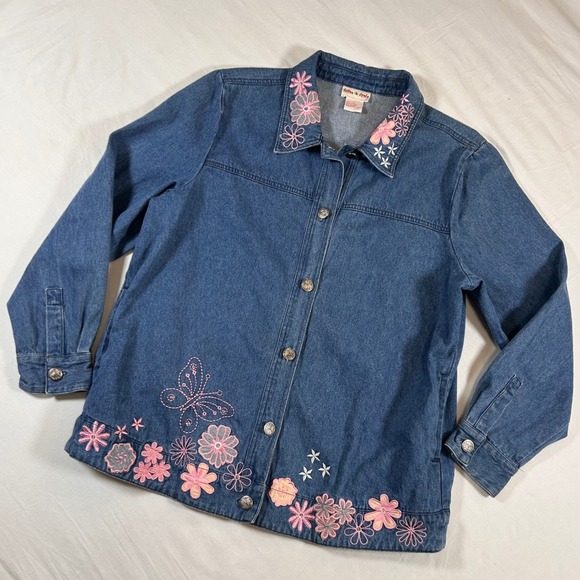 Toffee & Apple Jackets & Blazers - Toffee & Apple Womens L Embroidered Floral Butterfly Denim Jacket Cottagecore
